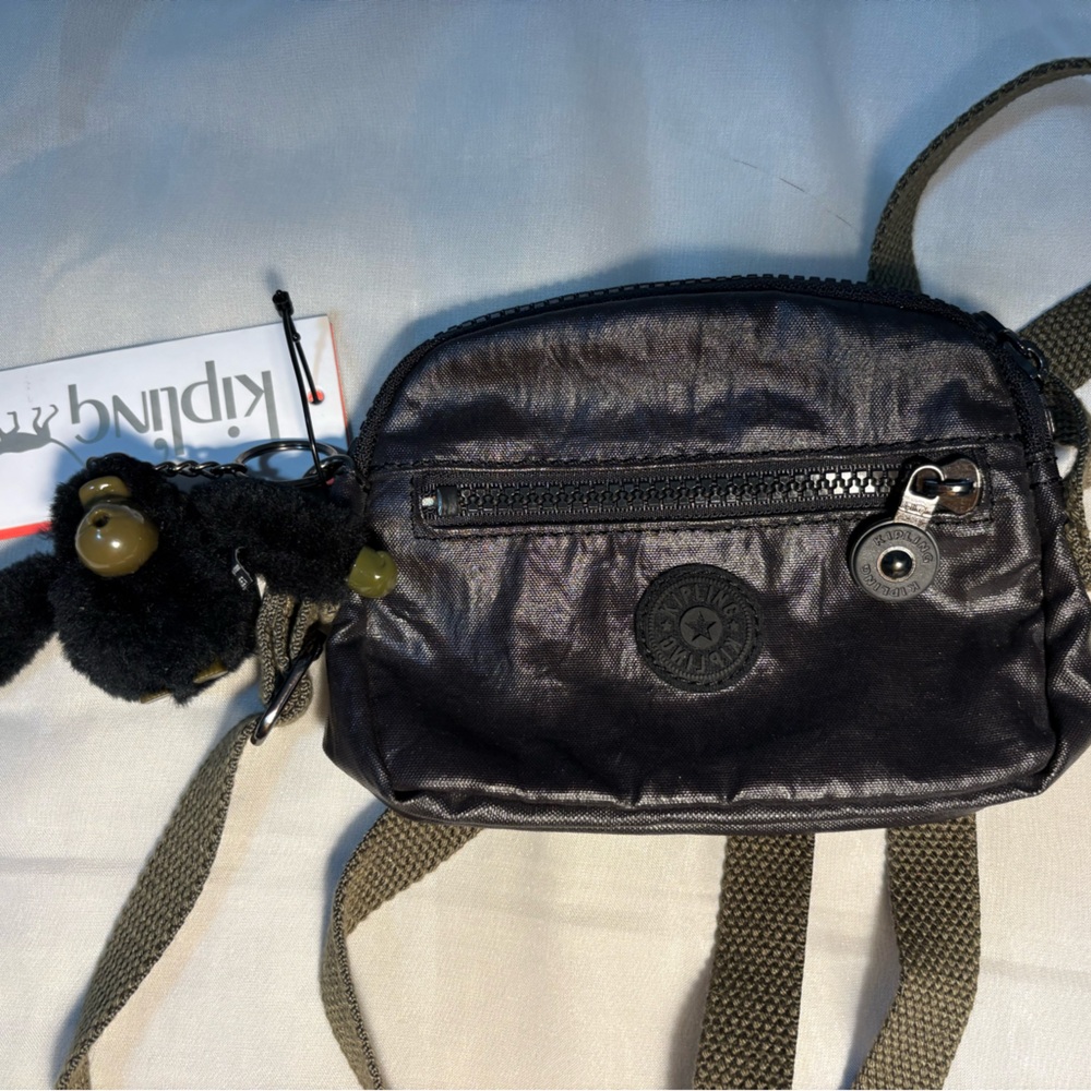 Kipling Metallic Black Mini Crossbody Bag NWT - Adjustable Strap & Monkey Charm
